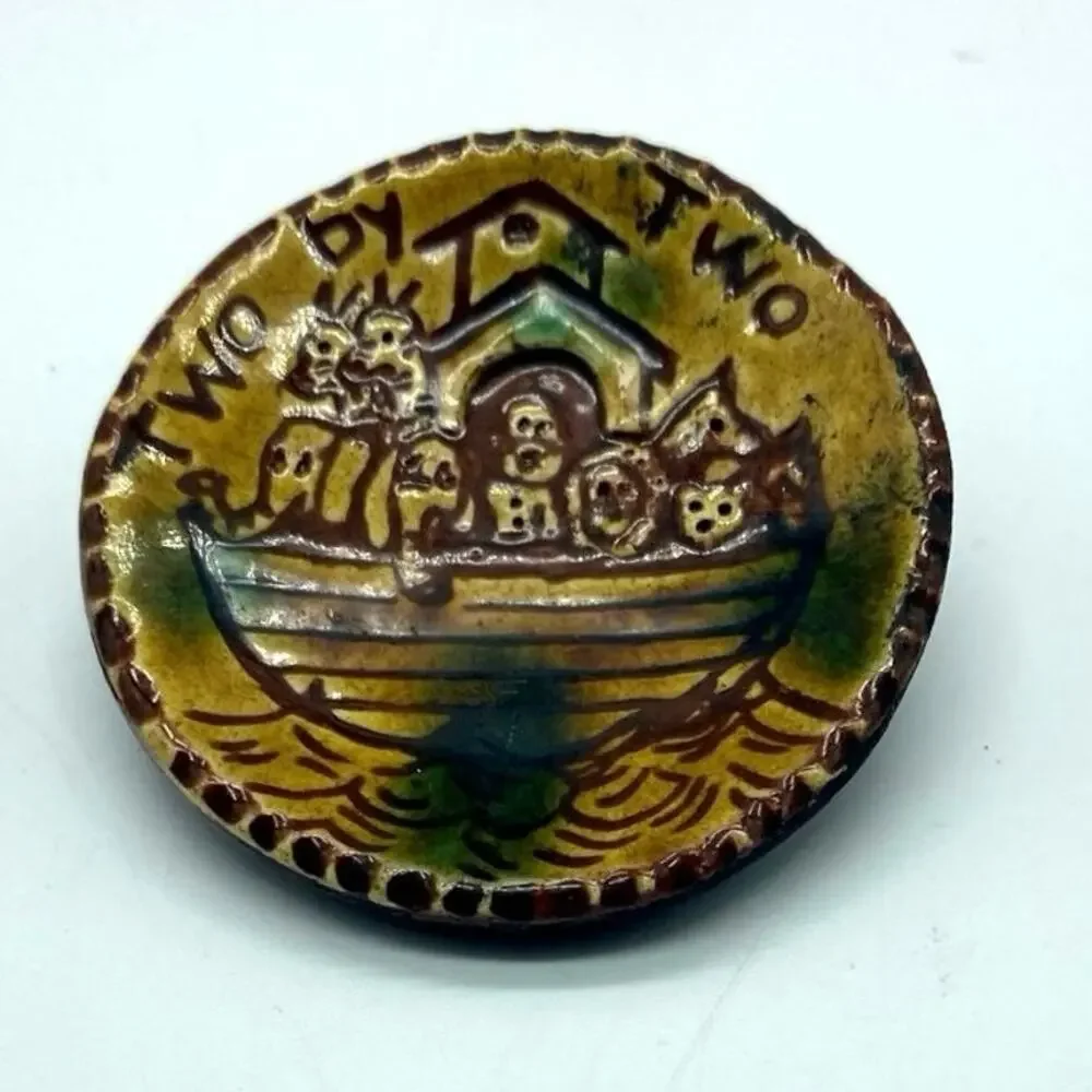 Vintage Handmade Pottery Brooch‎ signed Two by Two Religious Pin Noah's Ark